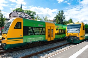 Zwei Züge der Waldbahn (DLB) am Bahnhof Viechtach